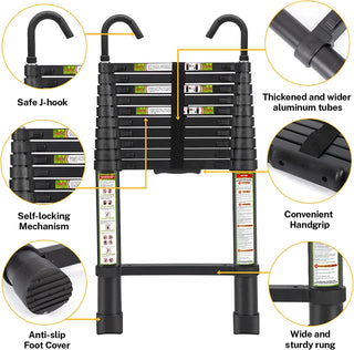 Plantex 2.6m (8.5 ft.) Portable and Compact Aluminium Telescopic Ladder with Removable Hooks/Foldable Multipurpose Ladder for Home & Outdoor Use/2 Years of Warranty by Plantex/EN131 Certified-(Black)