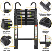 Plantex 2.6m (8.5 ft.) Portable and Compact Aluminium Telescopic Ladder with Removable Hooks/Foldable Multipurpose Ladder for Home & Outdoor Use/2 Years of Warranty By Plantex/EN131 Certified-(Black)