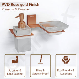 Plantex 304 Grade Stainless Steel Glass Soap Dish with Liquid Dispenser for Bathroom/Soap Stand/Glass Shampoo Dispenser/Bathroom Accessories - Pack of 1 (Crystal, PVD Rose Gold)