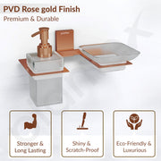 Plantex 304 Grade Stainless Steel Glass Soap Dish with Liquid Dispenser for Bathroom/Soap Stand/Glass Shampoo Dispenser/Bathroom Accessories - Pack of 1 (Crystal, PVD Rose Gold)