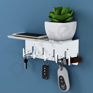 Plantex Multipurpose Stainless Steel Key Holder With Mobile Phone Stand/Storage Rack/Keys Holder For Home - Wall Mount (5 Hooks, Chrome)