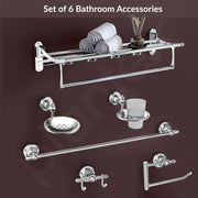 Plantex Bathroom Set - Stainless Steel Folding Towel Rack with 304 Grade Skyllo Bathroom Accessories Set of 5 - Towel Rod/Napkin Ring/Tumbler Holder/Soap Holder/Robe Hook - Combo (Chrome)