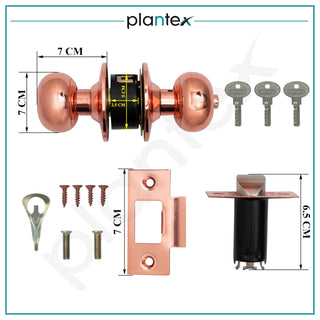 Plantex Door Lock - Cylindrical Door Lock with 3 Keys/Tubular Door Knob/Lock for Main Door/Bedroom (Rose Gold), Stainless Steel
