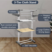 Plantex 3 Layer GI Steel Cloth Stand for Drying Clothes Foldable/Clothes Drying Rack for Balcony/Clothes Drying Stand - Clofera (White & Gray)