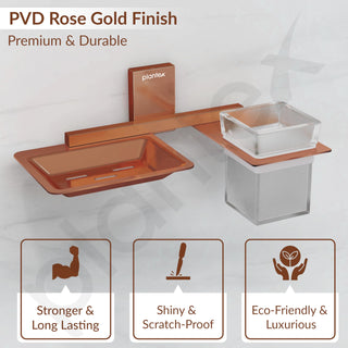 Plantex Soap Dish with Glass Toothbrush Holder for Bathroom/304 Grade Stainless Steel Soap Holder with Tumbler Holder/Soap Stand/Toothpaste Holder - Crystal (PVD Rose Gold)