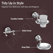 Plantex Bathroom Set - Stainless Steel Folding Towel Rack with 304 Grade Skyllo Bathroom Accessories Set of 5 - Towel Rod/Napkin Ring/Tumbler Holder/Soap Holder/Robe Hook - Combo (Chrome)