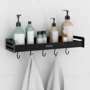 Plantex Multipurpose Aluminium Bathroom Wall Shelf / Bathroom Shelf Rack With Movable Hooks / Bathroom Accessories Set / Shelf for Bathrooms / Kitchen Organiser -(Black)