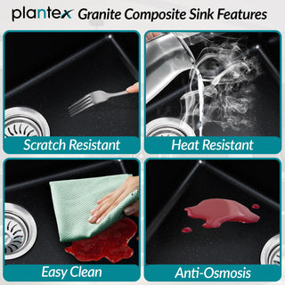 Plantex Matt Quartz Sink For Kitchen/UV Protected Kitchen Sink/Granite Single Bowl Sink/Undermount/Topmount (Nano Black - 24X18 Inches)