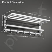 Plantex Folding Towel Rack with Hooks for Bathroom/24 Inch Stainless Steel Towel Hanger/Towel Stand/Towel Rod/Bathroom Accessories - Pack of 1 (Chrome)