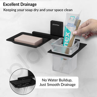 Plantex 304 Grade Stainless Steel Soap Dish with Glass Toothbrush Holder/Soap Stand/Soap Case with Tumbler/Bathroom Accessories - (Crystal, Black)
