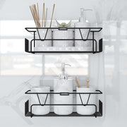 Plantex Bathroom Organiser Without Drill/Shelf for Wall Adhesive Black/GI Steel Shelf for Bathroom with Side Hooks/Washroom Accessories Set - Powder Coated (Pack of 2)