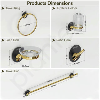 Plantex Self Adhesive Stainless Steel and ABS Bathroom Accessories Set/soap Holder for Bathroom/Tumbler Holder/Towel Rod/Towel Ring for Washbasin/Robe Hook - Set of 5 (Matt Black & Gold)