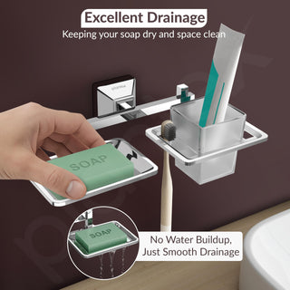Plantex 304 Grade Stainless Steel 2in1 Soap Holder with Tumbler Holder/Bathroom Accessories - Pack of 1, Squaro (Chrome)
