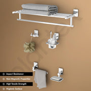 Plantex 304 Grade Stainless Steel Bathroom Accessories Set of 5 - Towel Stand/Napking Holder/Soap Holder/Toothbrush Holder/Robe Hanger - Darcy (Chrome)