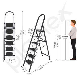 Plantex 6 Step Ladder -Foldable Steel 6 Step Ladder-Wide Anti Skid Steps-Made in India(Grey & White)