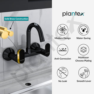 Plantex Pure Brass Sink Mixer Tap Hot and Cold with Water Saving Aerator/360° Swivel Spout fo Sink Tap with Brass Wall Flange -7 Year Warranty by Plantex (ORN-214-Black)