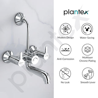 Plantex Pure Brass Wall Mixer for Bathroom 2 in 1 with L-Bend Provision for Overhead Shower/Mixer Tap for Bathroom with Water Saving Nozzle Aerator - 7 Year Warranty by Plantex (Ore-1420, Chrome)