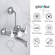 Plantex Pure Brass Wall Mixer for Bathroom 2 in 1 with L-Bend Provision for Overhead Shower/Mixer Tap for Bathroom with Water Saving Nozzle Aerator - 7 Year Warranty by Plantex (Ore-1420, Chrome)