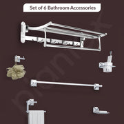 Plantex High Grade Stainless Steel Folding Towel Rack with Stainless Steel 304 Grade Squaro Bathroom Accessories Set 5pcs (Towel Rod/Napkin Ring/Tumbler Holder/Soap Dish/Robe Hook)
