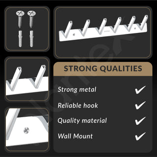 Plantex Wall Hooks for Hanging Cloth/Stainless Steel Towel Hangers/Bathroom Robe Hooks/Door Hangers/Square Wall Hook/Hook Rail for Hanging Keys - 6 Hooks (Pack of 1, Chrome)