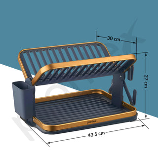 Plantex Kitchen Storage Rack/Aluminium Fold Flat Dish Drying Rack/2-Tier with Drainboard/Kitchen Organiser Rack - (Gold & Grey)