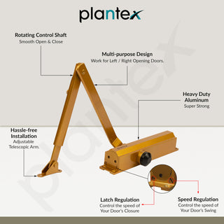 Plantex Heavy Duty Door Closer - Aluminium for Wooden Door/75kg Hydraulic - Home/Office/Hotel - 180 Degree Opening (ISO 9001 Certified) - Golden