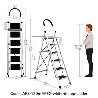 Plantex Steel Ladder for Home/Strong Foldable Wide 6 Step Ladder/Anti-Skid 6 Step Ladder - (Apex - White)