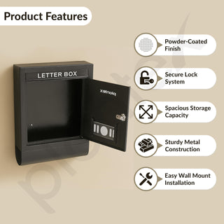 Plantex GI Steel Letter Box for Home Gate with News Paper Holder/Post Box/Suggestion Box for Office Use with Secure Lock and Keys/Complaint Box/Mail Box - (Black) Wall Mount
