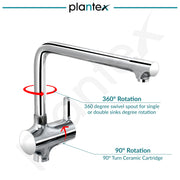 Plantex Pure Brass Sink Tap for Kitchen Basin with 360Â° Swivel Spout/Kitchen Sink Tap/Faucet for Kitchen with Brass Wall Flange and Teflon Tape (ORE-1412-Chrome)