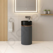 Plantex Matt Pedestal Wash Basin/Acrylic Resin & Quartz Free Standing Wash Basin/Round Basin For Bathroom/Home/Hotel/Restaurant- (Black And Grey, 16 X 16 X 34 Inch)