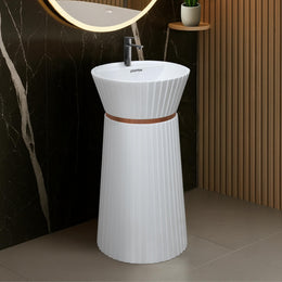 Plantex Pedestal Basin for Bathroom/Acrylic Resin & Quartz Designer One Piece Pedestal Free Standing Round Wash Basin for living Room/Hotel (White)