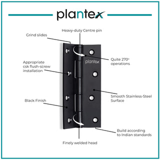 Plantex Heavy Duty Stainless Steel Door Hinges 5 inch x 12 Gauge/2.5 mm Thickness Home/Office/Hotel for Main Door/Bedroom/Kitchen/Bathroom - Pack of 24 (Black)