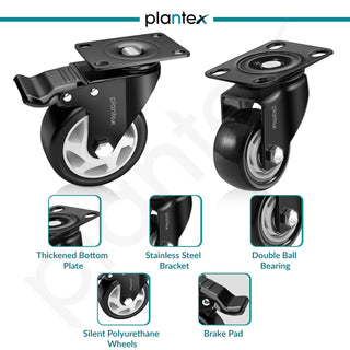 Plantex 3 Inch Caster Wheel/Soft PU Swivel Caster Wheels with 360 Degree Rotation and No Noise/Wheels for Heavy Furniture/Table/Trolley Cart - Set of 4 (2 with Brakes & 2 Without) - Black