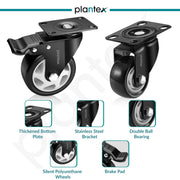 Plantex 3 Inch Caster Wheel/Soft PU Swivel Caster Wheels with 360 Degree Rotation and No Noise/Wheels for Heavy Furniture/Table/Trolley Cart - Set of 4 (2 with Brakes & 2 Without) - Black