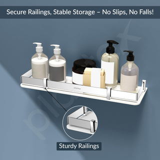 Plantex Wall Shelf for Bathroom Storage/Acrylic Washroom Shelf Organizer with Stainless Steel Railings/Bathroom Accessories (White, 15x6 inches)