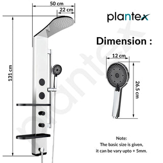 Plantex 304 Grade Stainless Steel Shower Panel for Bathroom Full Set with Overhead Shower/Hand Shower with Hose Pipe & Clamp/Round Body Jets- Full Shower Set with Utility Shelves (Chrome & Black)