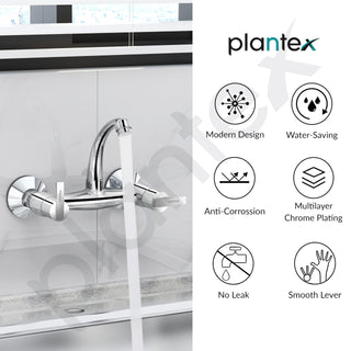 Plantex Pure Brass Sink Mixer Tap/Hot and Cold Water Mixer with Swinging Spout/Wall Mount Kitchen Sink Tap with Brass Wall Flange & Teflon Tape - (Chrome - AQ-1414)