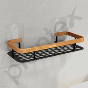 Plantex Drill Free Aluminium Bathroom Shelf/Self Adhesive Shelf for Kitchen with Golden Railing & Magic Stickers/Floating Storage Organiser (12x5 inches, Gold & Black) - Pack of 1