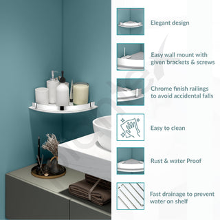 Plantex Corner Shelf for Bathroom Acrylic/Wall Mounted Storage Shelf with Stainless Steel Railings/Bathroom Accessories (White, 12x12 Inches)