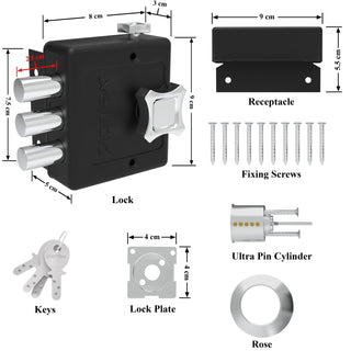 Plantex Heavy Duty Dead Bolt Lock/Rim Lock Set/Trio Lock Dead Bolt for Home/Office/Hotel – Pack of 1 (Z-Black)