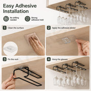 Plantex Self-Adhesive Wine Glass Holder Hanging/Stemware Organizer Rack/Under Cabinet Glass Storage Stand/Wine Rack for Pubs/Kitchen/Bars - Pack of 3 (Black)