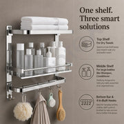 Plantex Folding Bathroom Shelf for Wall/304 Grade Stainless Steel Shelf for Bathroom with Hooks and Towel Rod/Rack/Premium Multipurpose Organizer (3-Tier, Chrome)