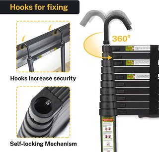 Plantex 3.8m (12.5 ft.) Portable and Compact Aluminium Telescopic Ladder with Removable Hooks/Foldable Multipurpose Ladder for Home & Outdoor Use/2 Years of Warranty By Plantex/EN131 Certified-(Black)