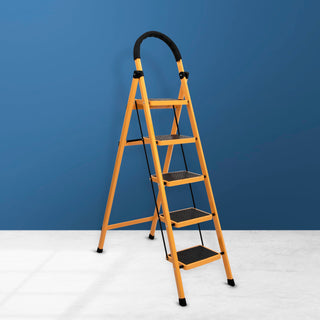 Plantex Premium GI Steel Foldable 5-Step Ladder for Home - Wide Anti Slip 5 Step Ladder (Yellow & Black)