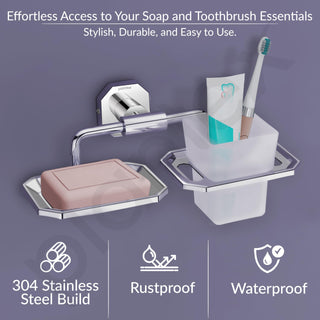 Plantex Soap Holder with Toothbrush Holder/304 Grade Stainless Steel Soap Dish with Tumbler Holder/Bathroom Accessories - Nipron (Chrome)