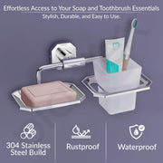 Plantex Soap Holder with Toothbrush Holder/304 Grade Stainless Steel Soap Dish with Tumbler Holder/Bathroom Accessories - Nipron (Chrome)