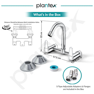 Plantex Pure Brass Bathroom Basin Mixer with Swivel Spout/Double Handle Hot & Cold Water Tap for Kitchen Sink with Brass Wall Flange & Teflon Tape (DOL-2315, Chrome)