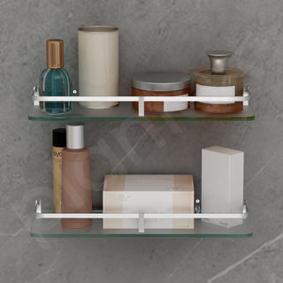 Plantex Glass Shelves for Bathroom/Frosted Bathroom Glass Wall Shelf with Brass Railings and Brackets- Pack of 2 (15 x 6 Inch, Chrome)