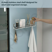 Plantex Stainless Steel Bathroom Shelf for Wall/Wall Mount Shelves & Racks for Bathroom Organizer with Hooks and Railings/Stand for Bathroom/Kitchen/Living Room(16x5 inch, Chrome)