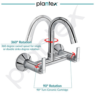 Plantex Pure Brass Sink Mixer Tap Hot and Cold with 360° Swivel Spout/Sink Tap for Kitchen Basin with Brass Wall Flange & Teflon Tape-7 Year Warranty (BAL-514)